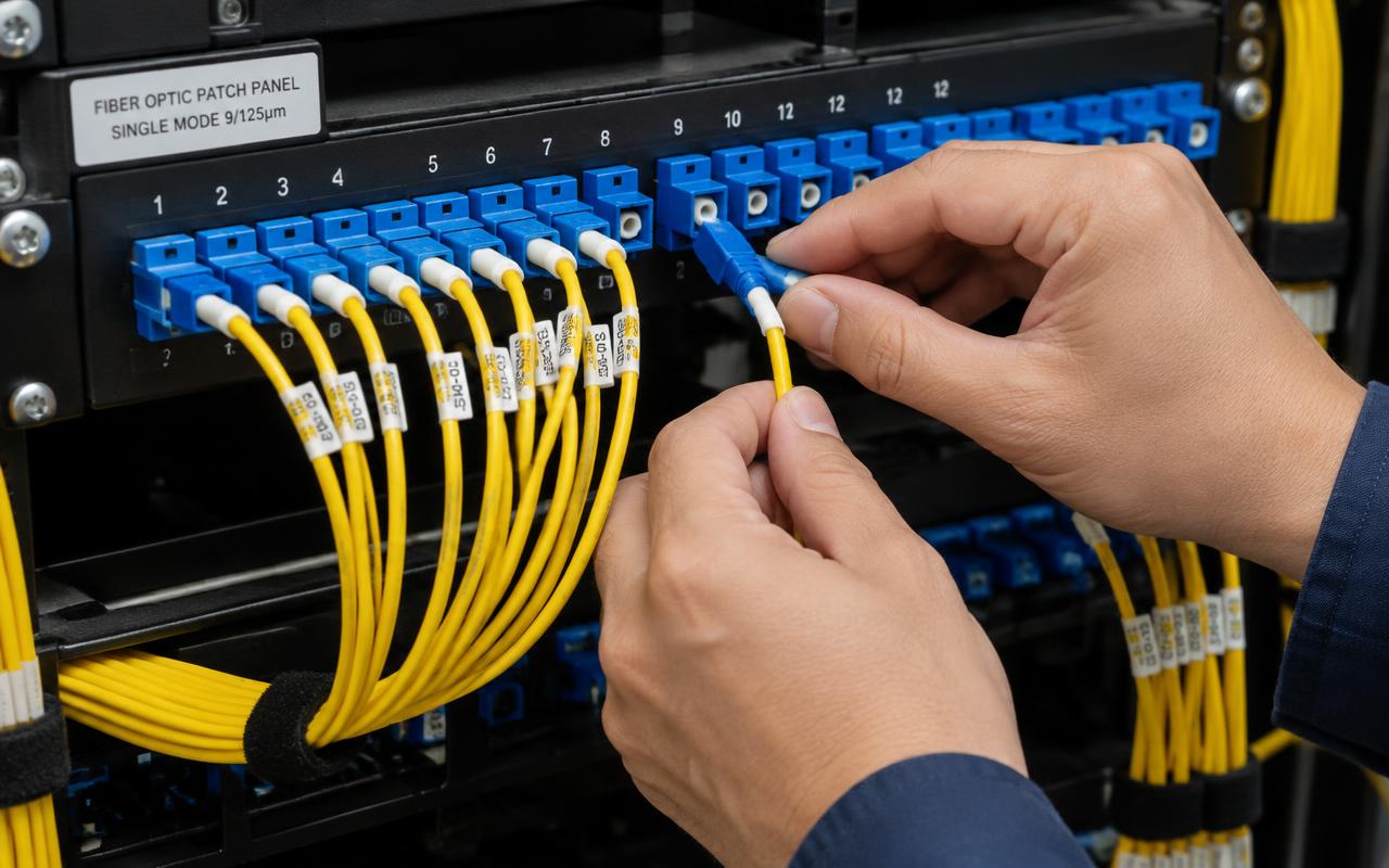 Technician patching single-mode fibre in a patch panel