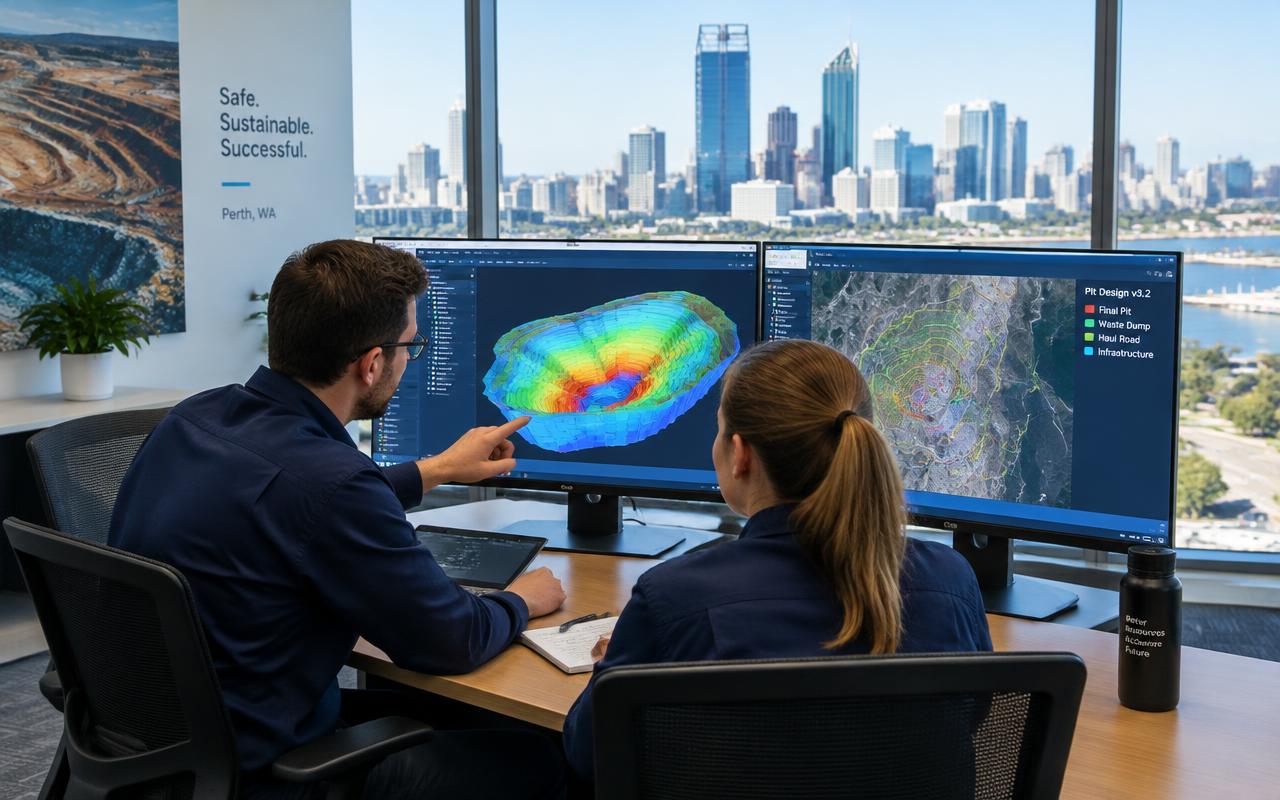 Engineers reviewing mine plans in a corporate office