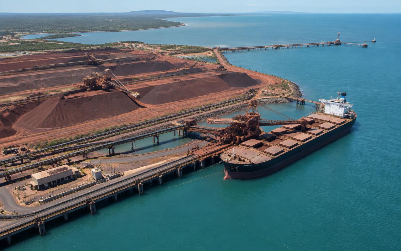 Bulk ore export port with ship loader and stockpiles